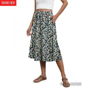 Flowy Midi Skirt High Waist Elastic A-Line with Pockets Women's